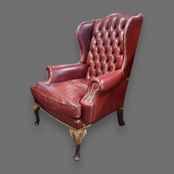 Wingback Armchair: Burgundy Leather-Like, Chesterfield Style