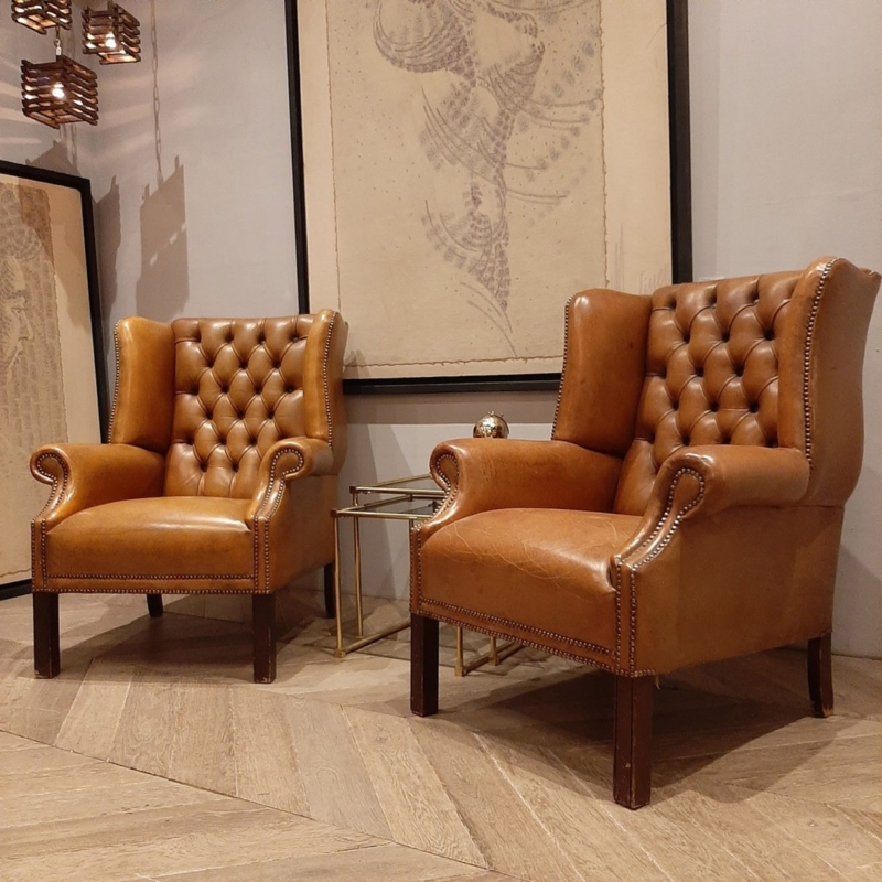 Wingback Armchair: Cognac Leather with Traditional Button Tufted Back