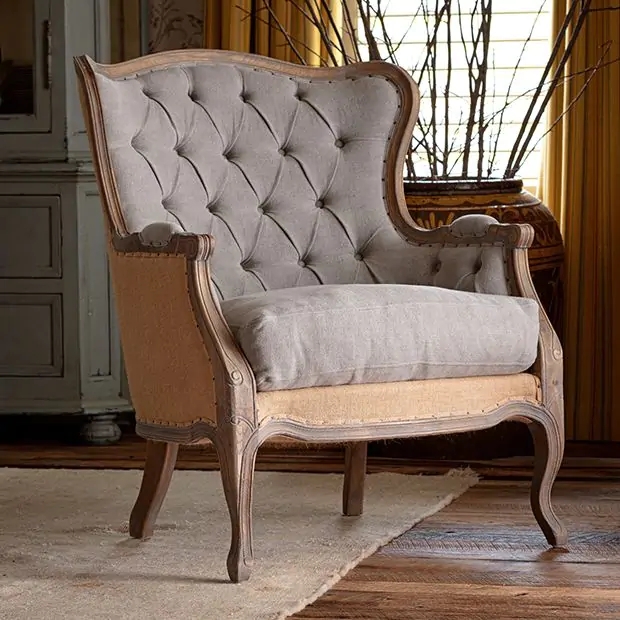 Wingback Armchair Deconstructed Frame Burlap Texture Tufted Farmhouse