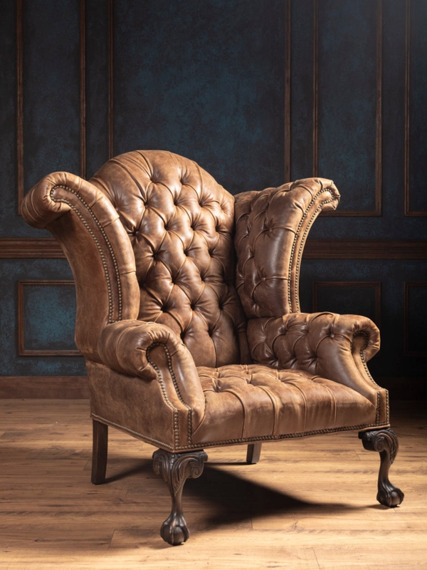 Wingback Armchair Distressed Leather-Like Deep Tufting Ball and Claw Feet