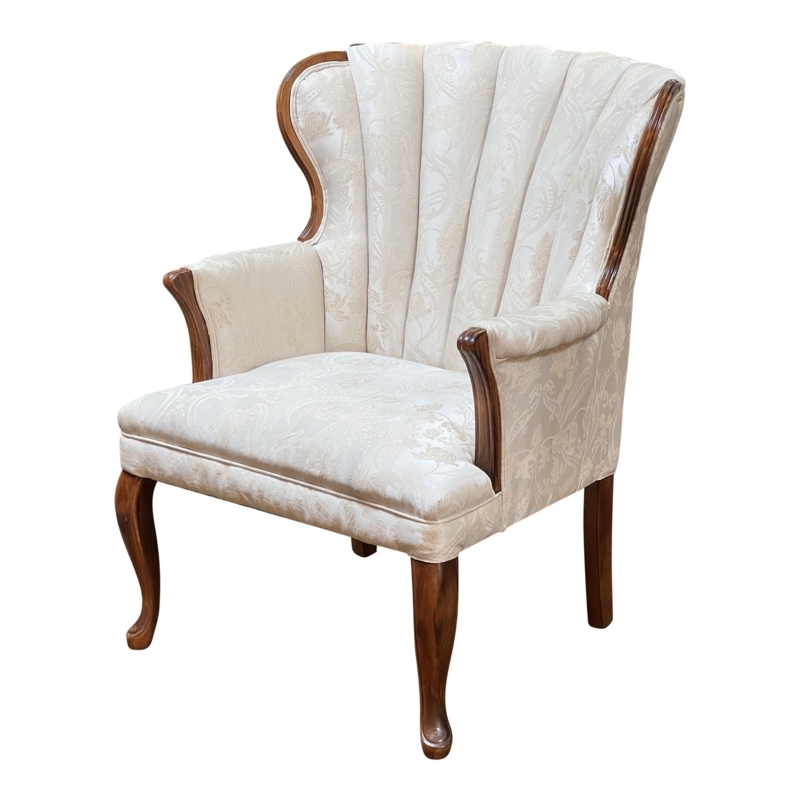 Wingback Armchair Queen Anne Channeled Scalloped Damask