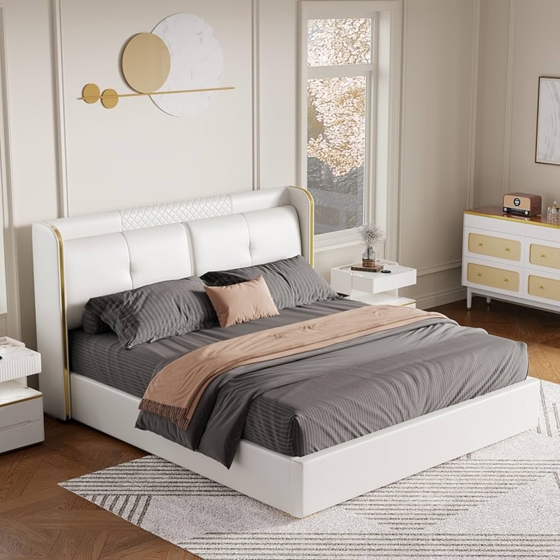 Wingback Bed, Upholstered, Polished Gold Trim and Quilted Panel