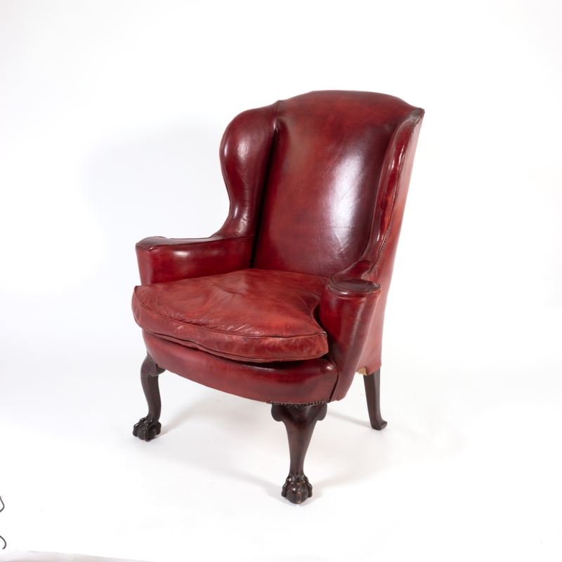 Wingback Chair: Antique Oxblood Leather-Like, Ball and Claw Feet