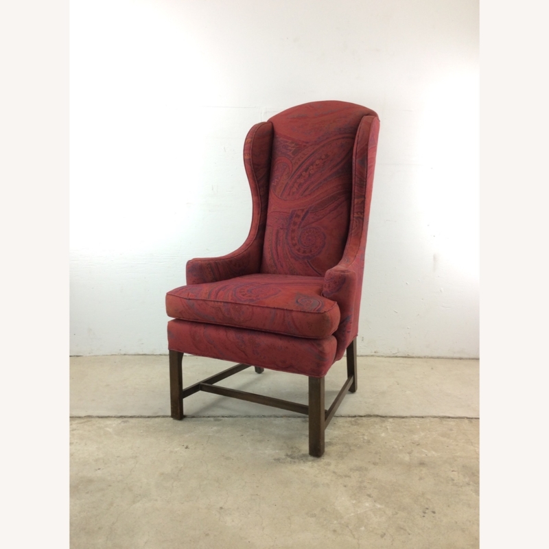 Wingback Chair: Burgundy Paisley Upholstery, H-Stretch Wood Base