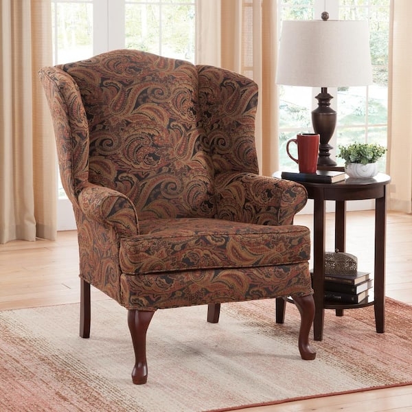 Wingback Chair: Cranberry Paisley Pattern with Cabriole Legs