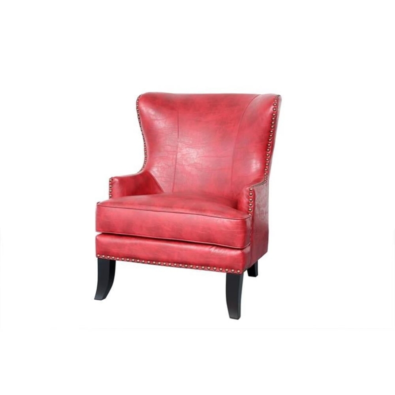 Wingback Chair: Crimson Leather-Like, Nailhead Trim, Tapered Legs