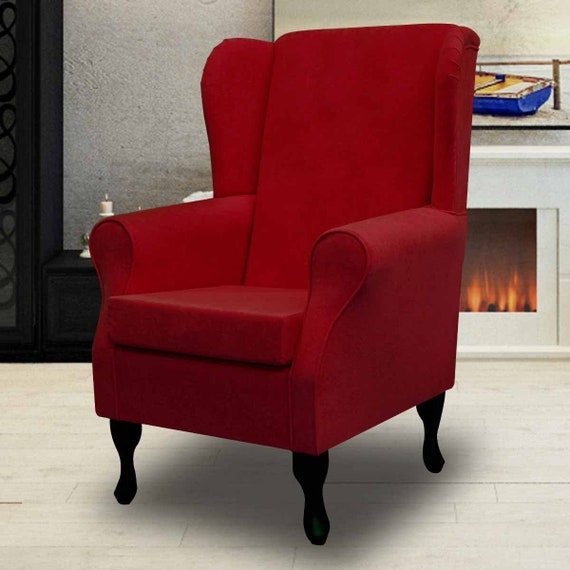 Wingback Chair: Crimson Red Plush, Matte Black Cabriole Legs