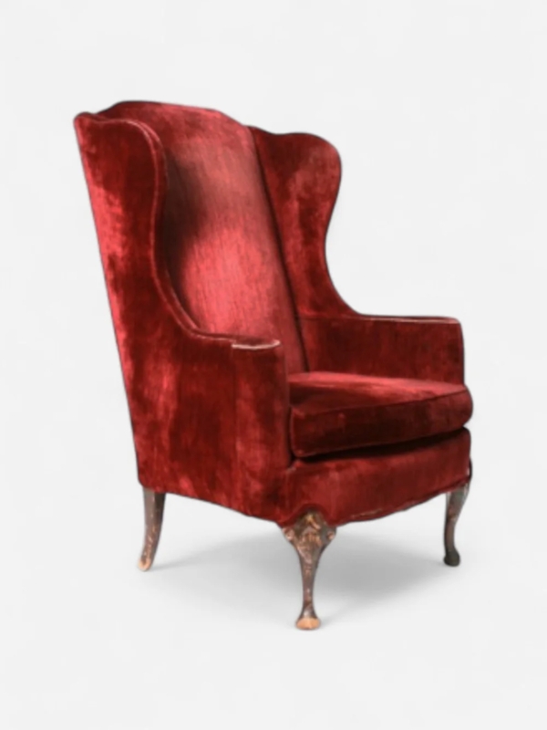 Wingback Chair: Crimson Velvet, Ornate Carved Legs, Regency StyleHint