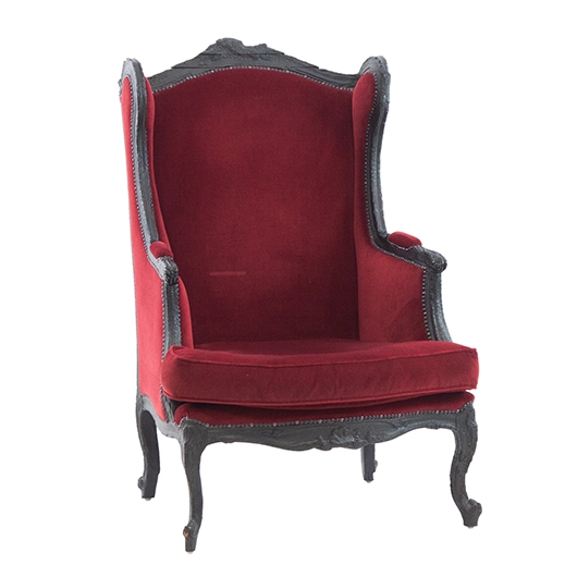 Wingback Chair: Deep Red Velvet-Like, Ornate Carved Charcoal Frame