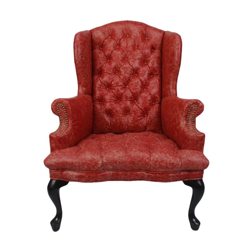 Wingback Chair: Distressed Red Leather-Like, Brass Nailhead Accent
