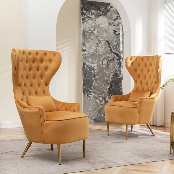 Wingback Chair in Camel Velvet with Diamond Tufting & Gold Legs