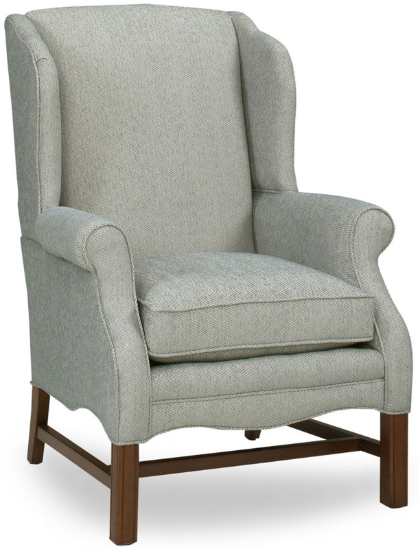 Wingback Chair in Misty Blue Herringbone with Scalloped Wood Rail