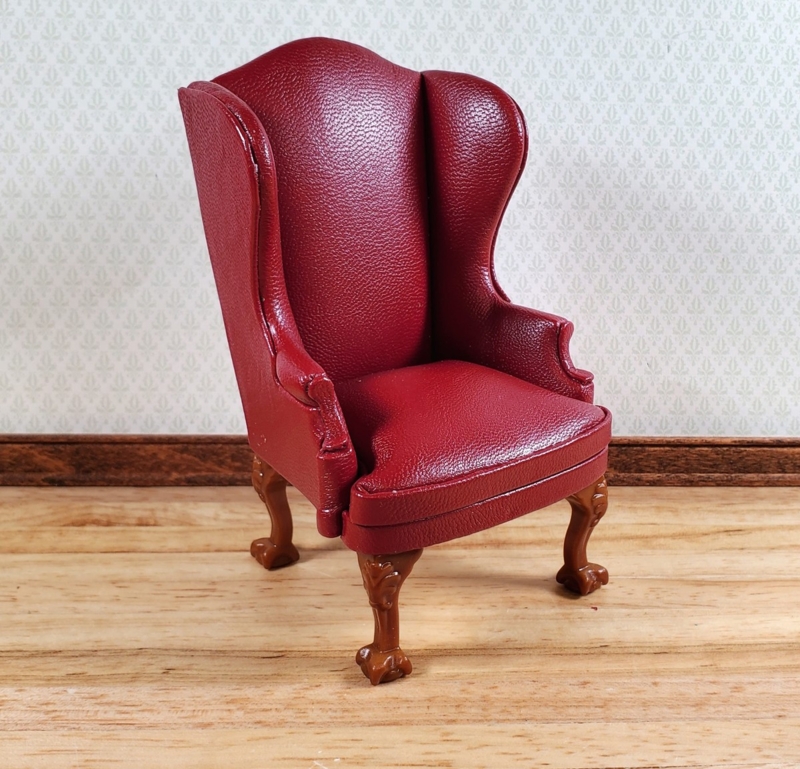 Wingback Chair: Miniature Scale, Dark Red Pebbled Faux Leather