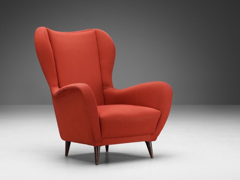 Wingback Chair: Poppy Red Upholstery, Organic Silhouette, Tapered Legs