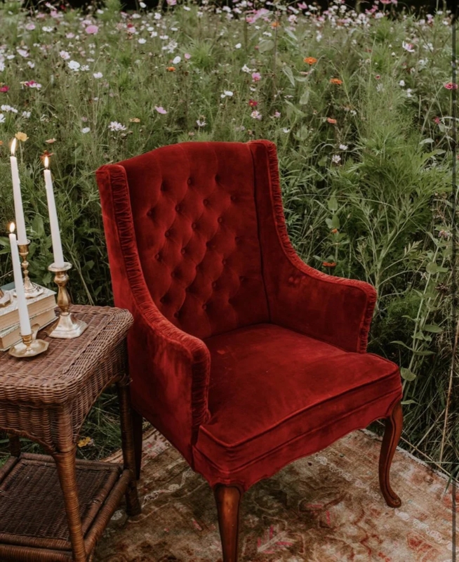 Wingback Chair: Ruby Red Velvet, Ruched Trim, Victorian Style
