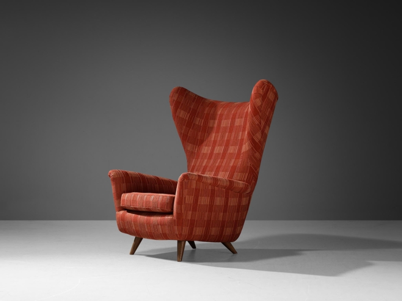 Wingback Chair: Rust Red Checkered Upholstery, Oversized Wings