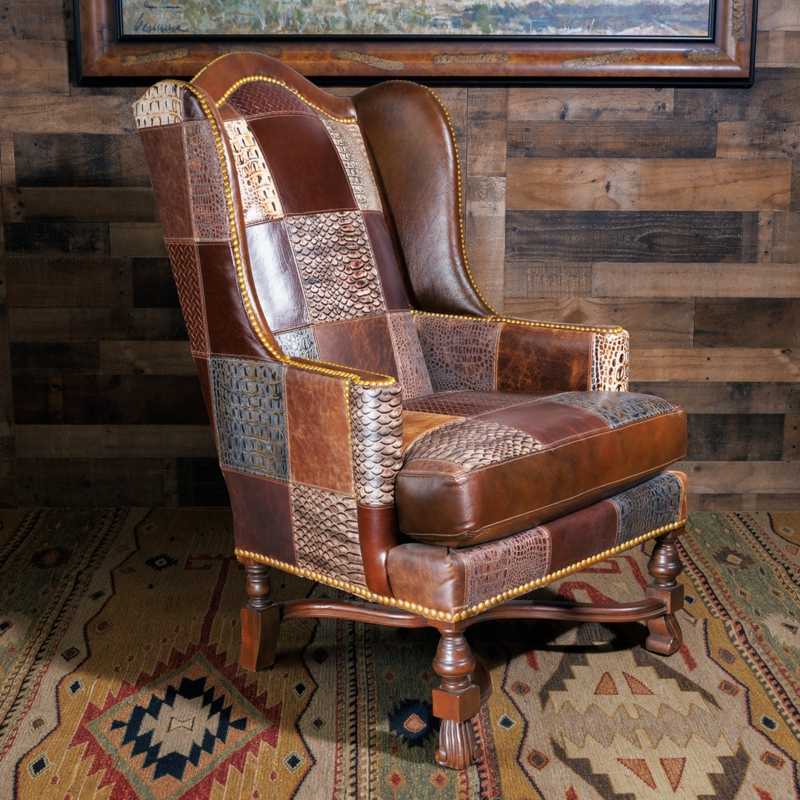 Wingback Chair: Rustic Leather-Like Patchwork Upholstery