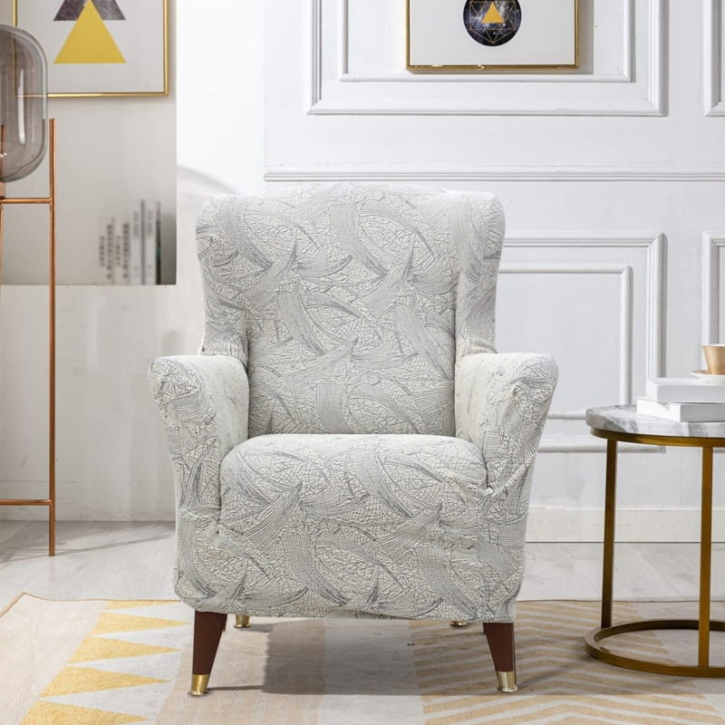 Wingback Chair Slipcover Abstract Feather Pattern Gold Leg Caps