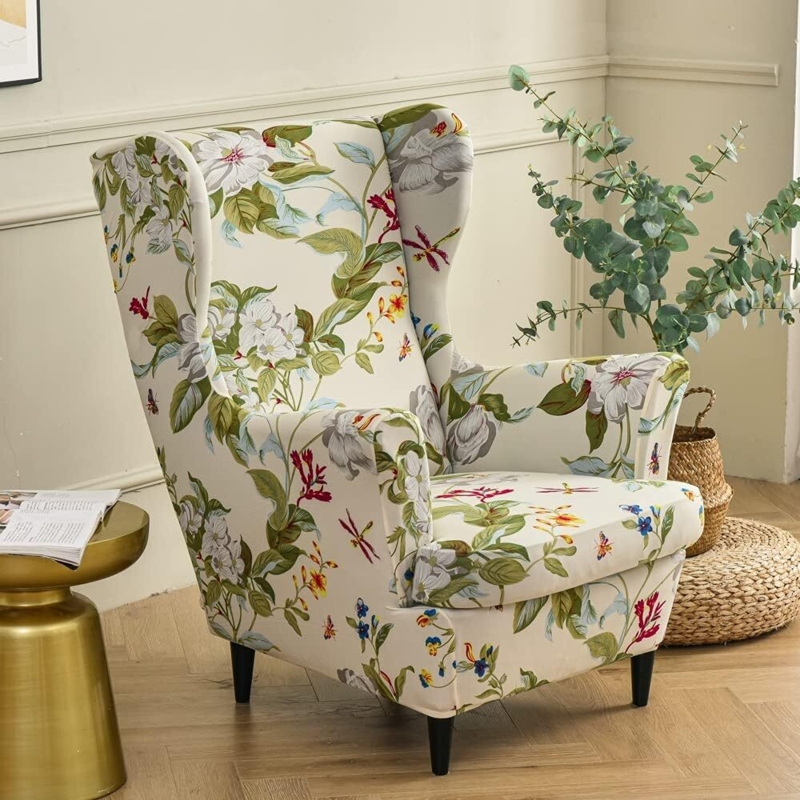 Wingback Chair Slipcover Botanical Floral Print Stretch