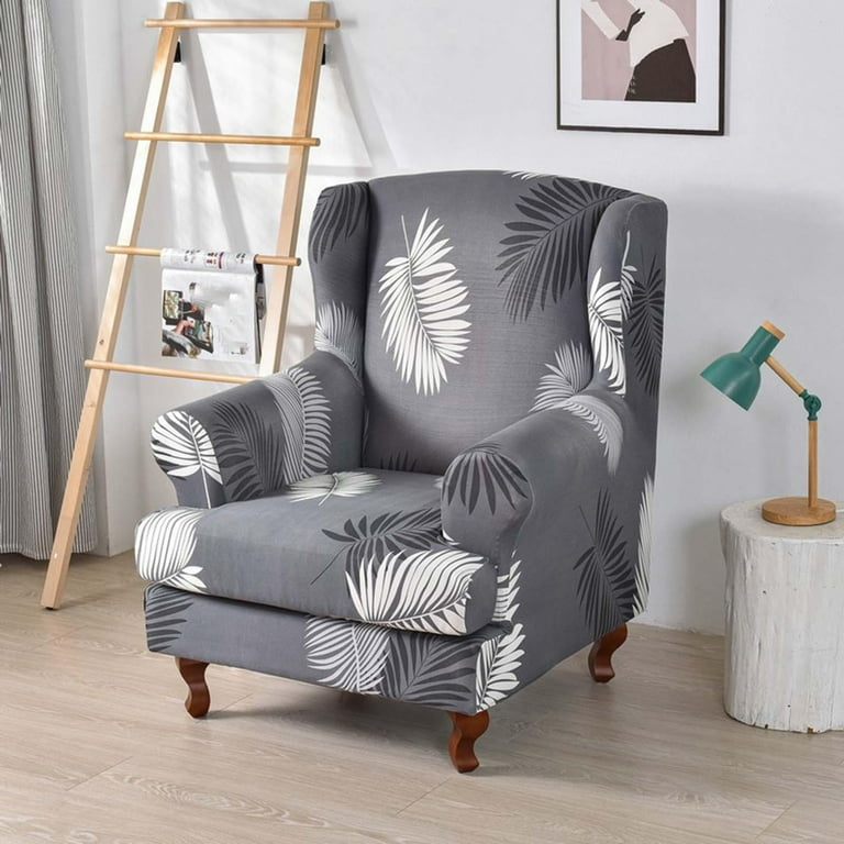 Wingback Chair Slipcover Palm Leaf Pattern Charcoal Grey