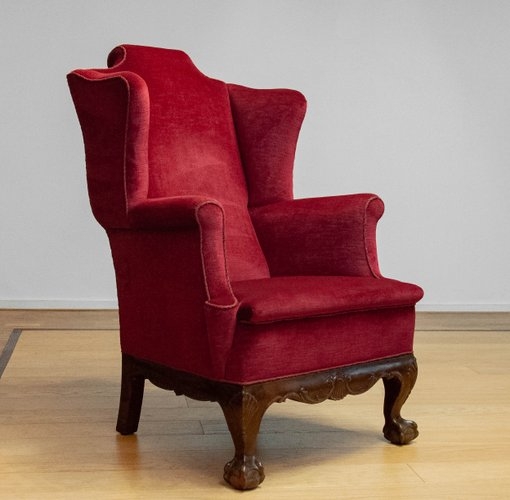 Wingback Chair: Vintage 1920s Crimson Velvet with Ball and Claw Feet