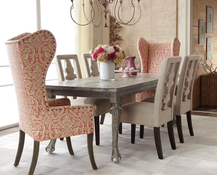 Wingback Dining Chairs Coral Damask Print Nailhead Trim French Country