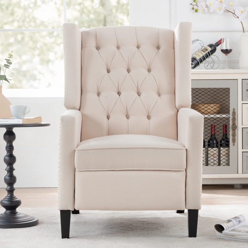 Wingback Push Back Recliner in Creamy White with Diamond Tufting