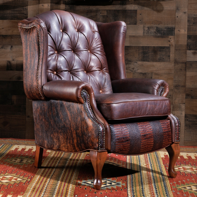 Wingback Recliner: Brindle Cowhide Side Panels and Tufted Leather