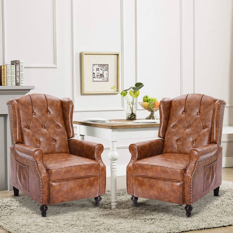 Wingback Recliner: Cognac Leather-Like with Side Storage Pocket