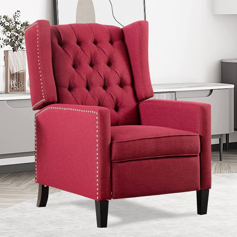 Wingback Recliner in Ruby Red with Nailhead Trim and Diamond Tufting