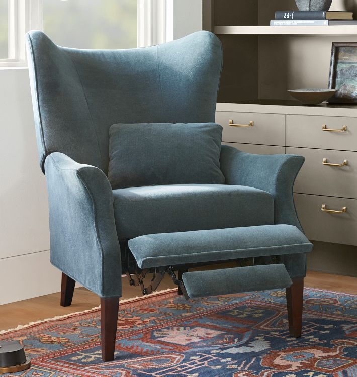 Wingback Recliner: Indigo Navy Velvet with Pop-Out Footrest