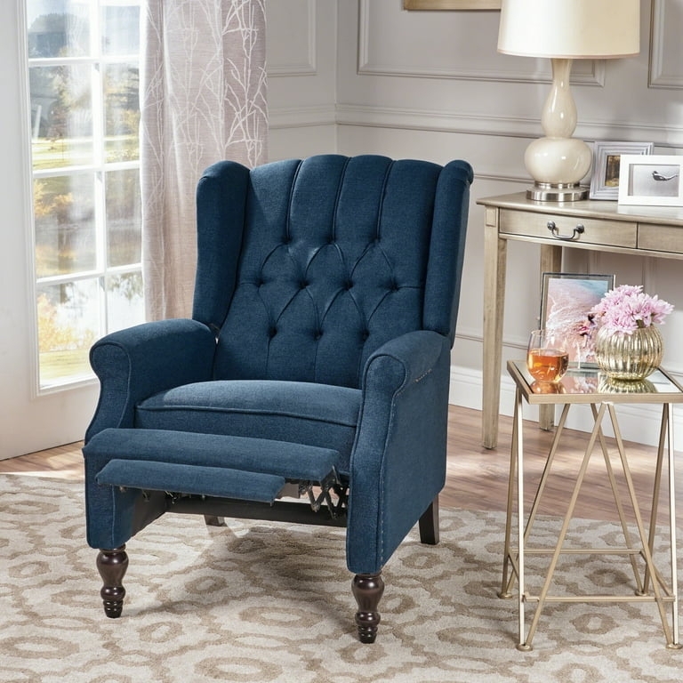 Wingback Recliner: Navy Blue Fabric with Scalloped Top Edge