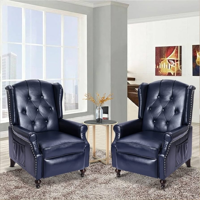 Wingback Recliner: Navy Blue Leather-Like with Button Tufting