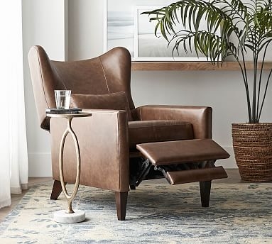Wingback Recliner: Nubuck Wheat Leather with Square Arm Design