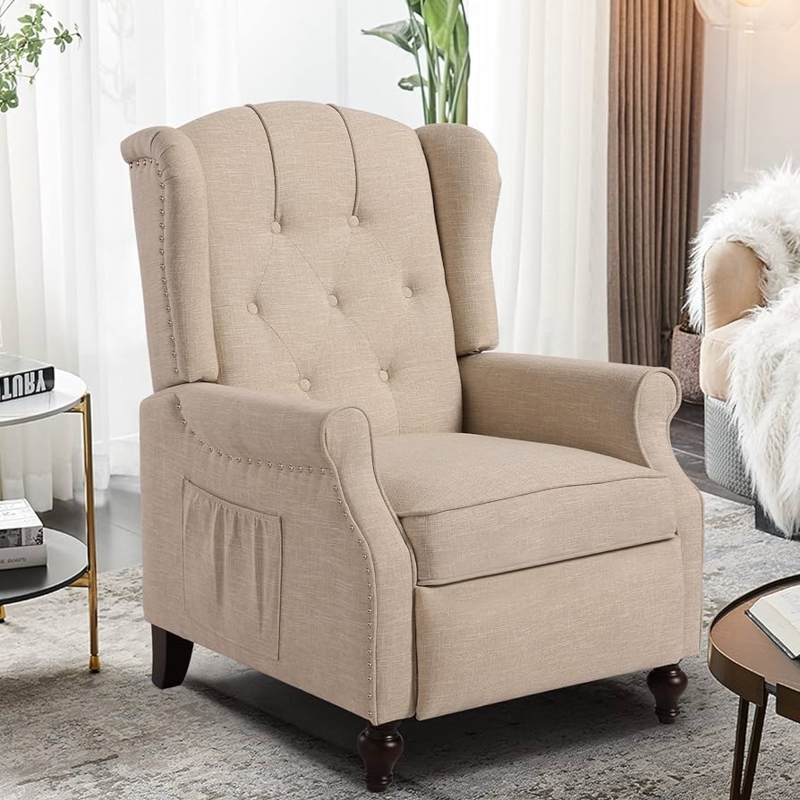 Wingback Recliner: Oatmeal Beige Fabric with Diamond Button Tufting