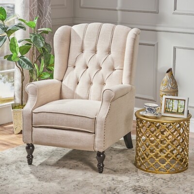 Wingback Recliner: Scalloped Backrest in Oatmeal Beige Fabric
