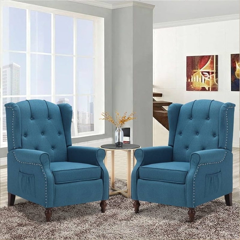 Wingback Recliner: Teal Blue Fabric with Silver Nailhead Accents