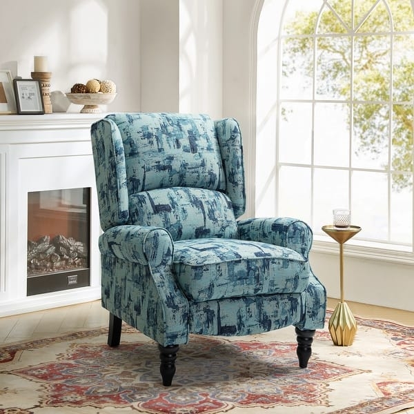 Wingback Recliner: Teal Painterly Pattern with Spindle Legs