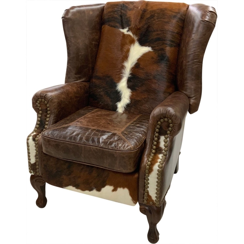 Wingback Recliner: Tri-Color Cowhide with Embossed Seat
