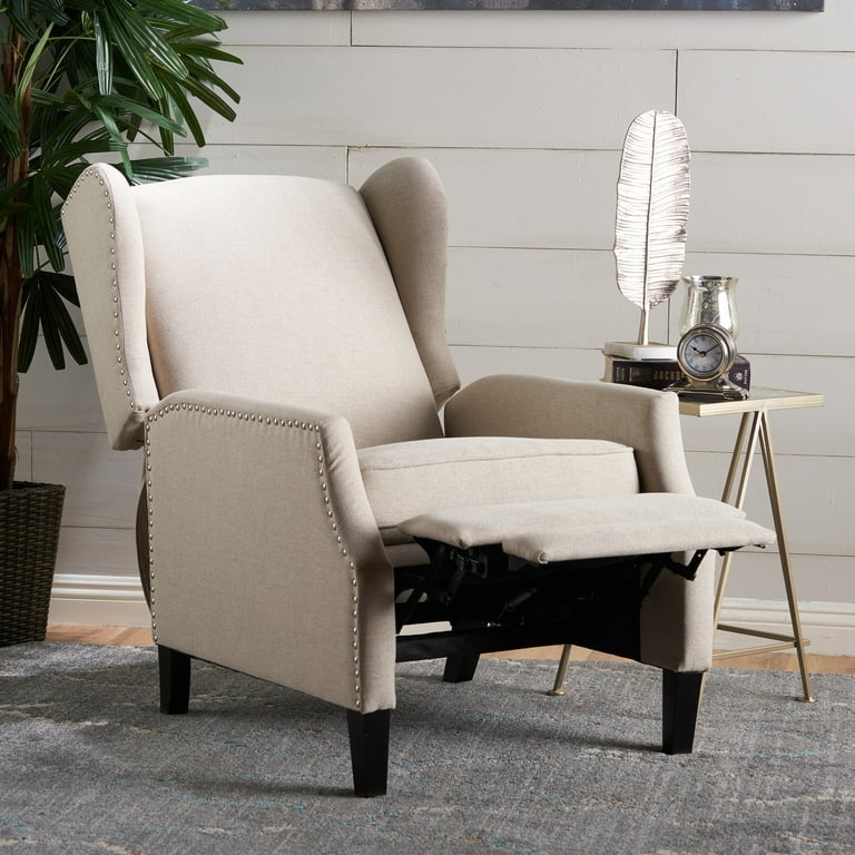 Wingback Recliner: Wheat Beige Fabric with Nailhead Trim Details