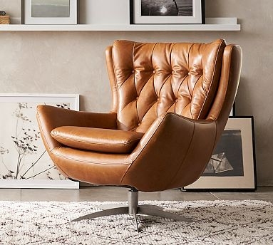 Wingback Swivel Armchair Cognac Leather Four Star Metal Base Tufted