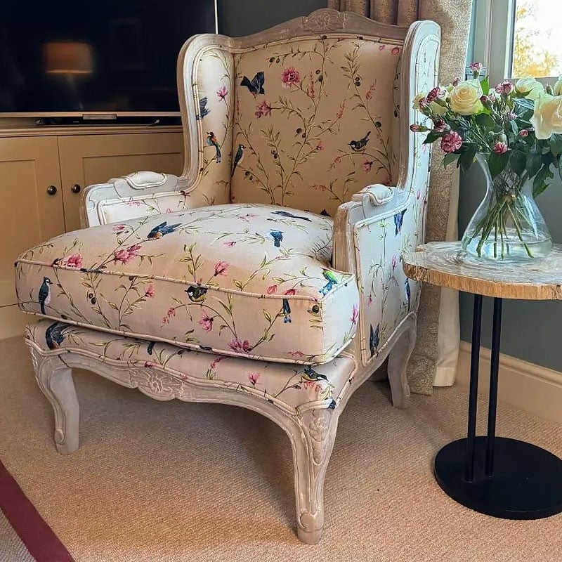 Winged Armchair Botanical Bird Print Carved Apron French Country
