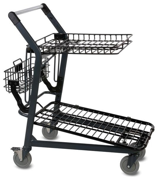 Wire Mesh Shopping Cart with Three-Tier Storage and Rear Basket