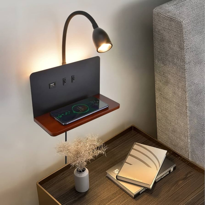 Wireless Charging Wall Sconce with Integrated Shelf and Gooseneck Light