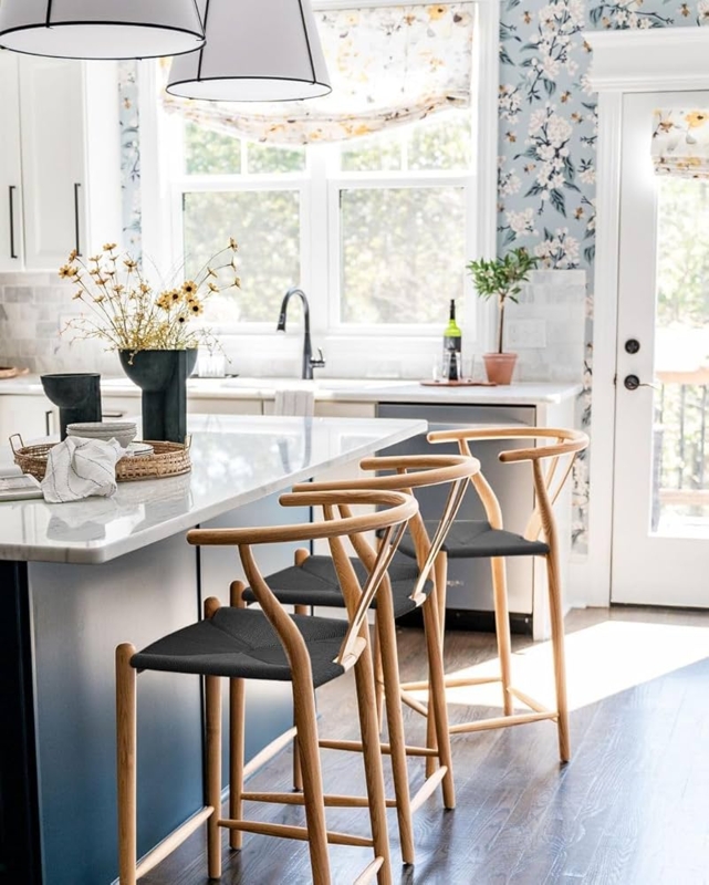 Wishbone Counter Stool, Natural Wood Frame with Black Woven Seat.