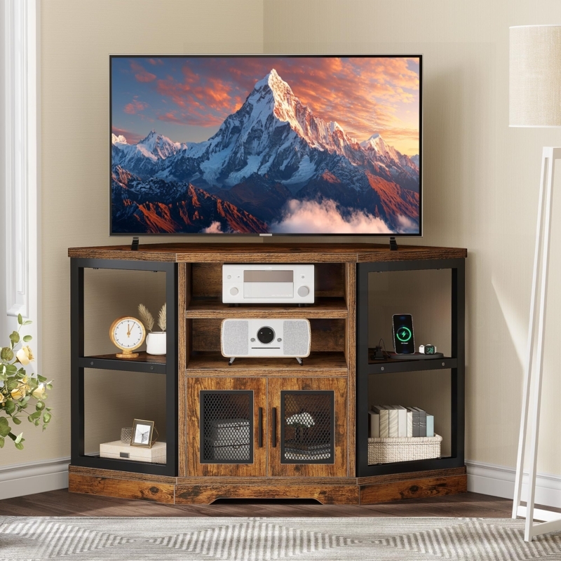 Wood and Metal TV Stand featuring Black Metal Frame and Mesh Doors