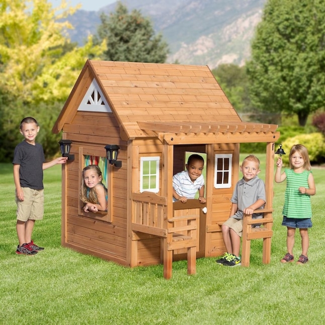 Wood Backyard Playhouse with Pergola Porch & Built-in Bench