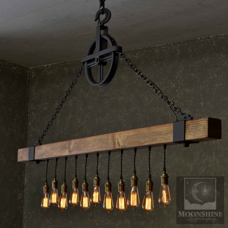 Wood Beam Chandelier, Pulley System, Multiple Edison Pendant Bulbs.