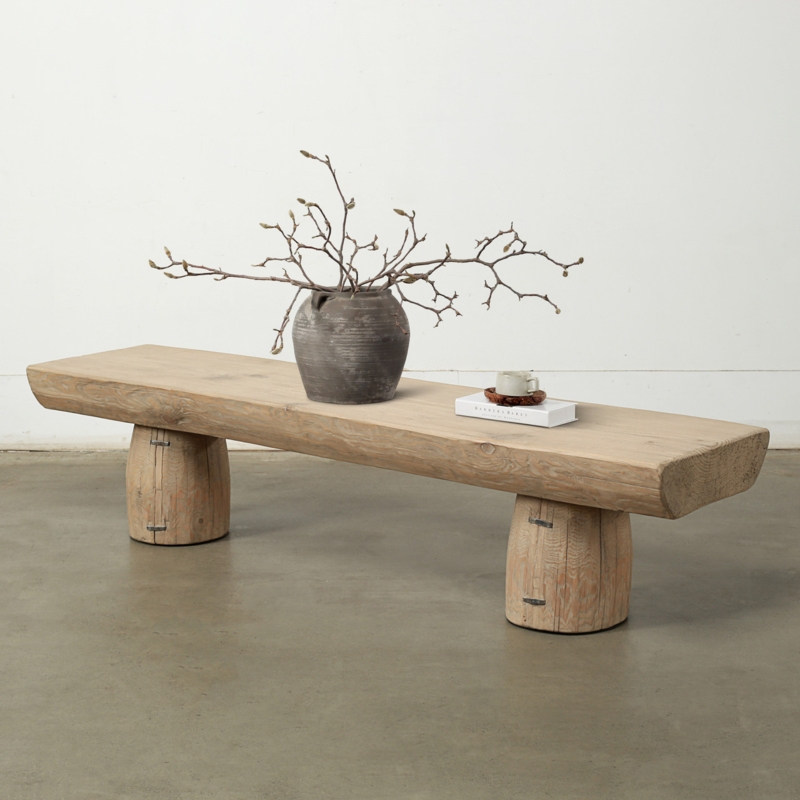 Wood Bench Live Edge Barrel Legs Reclaimed Rustic Wabi Sabi Seating