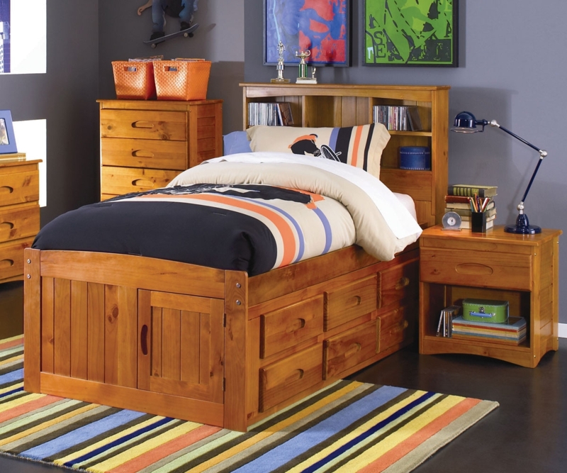 Wood Captains Bed with Bookcase Headboard and Recessed Pulls